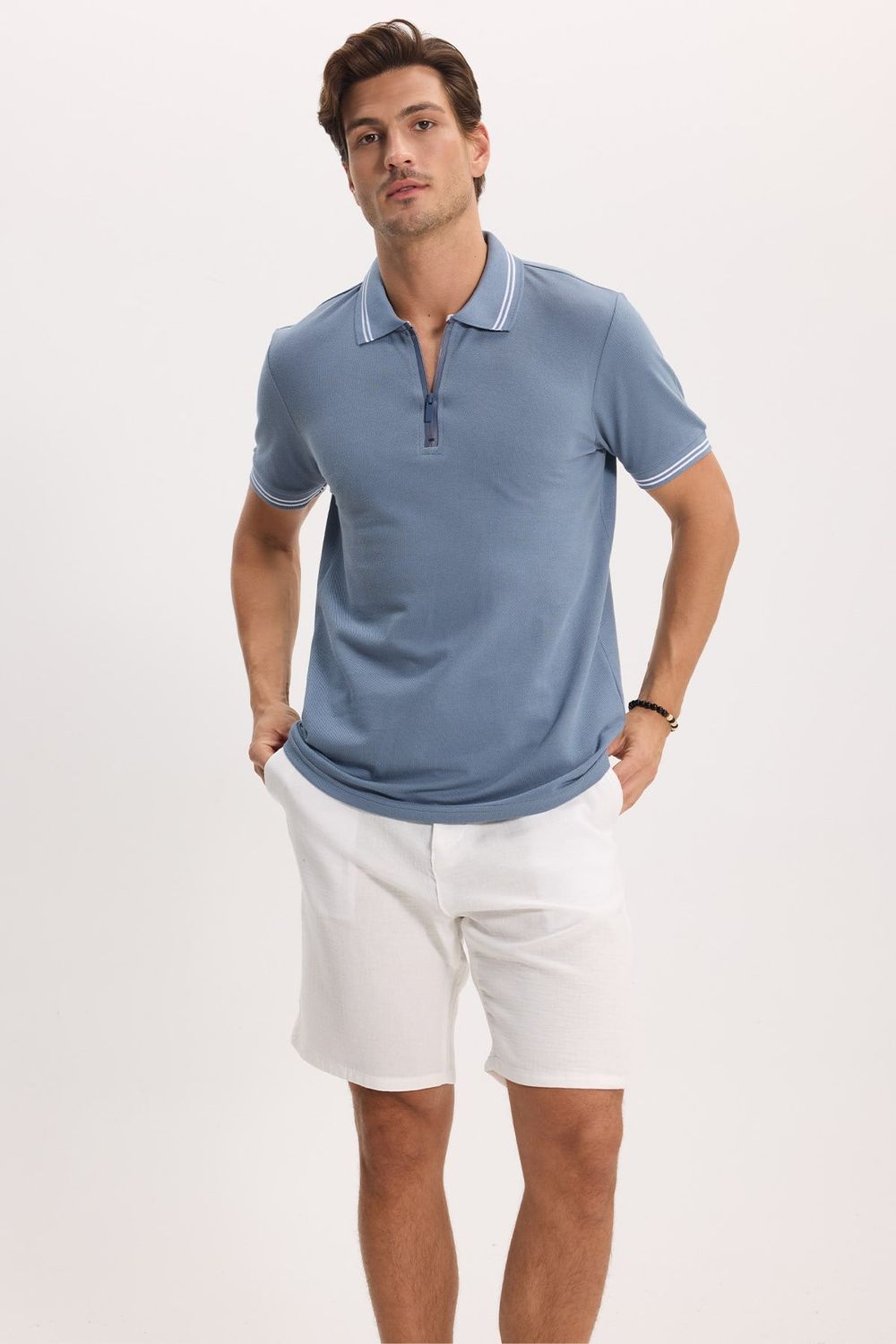 SLIM FIT T-SHIRT PIQUE ZIPPER COLLAR STRONG  TİŞÖRT
