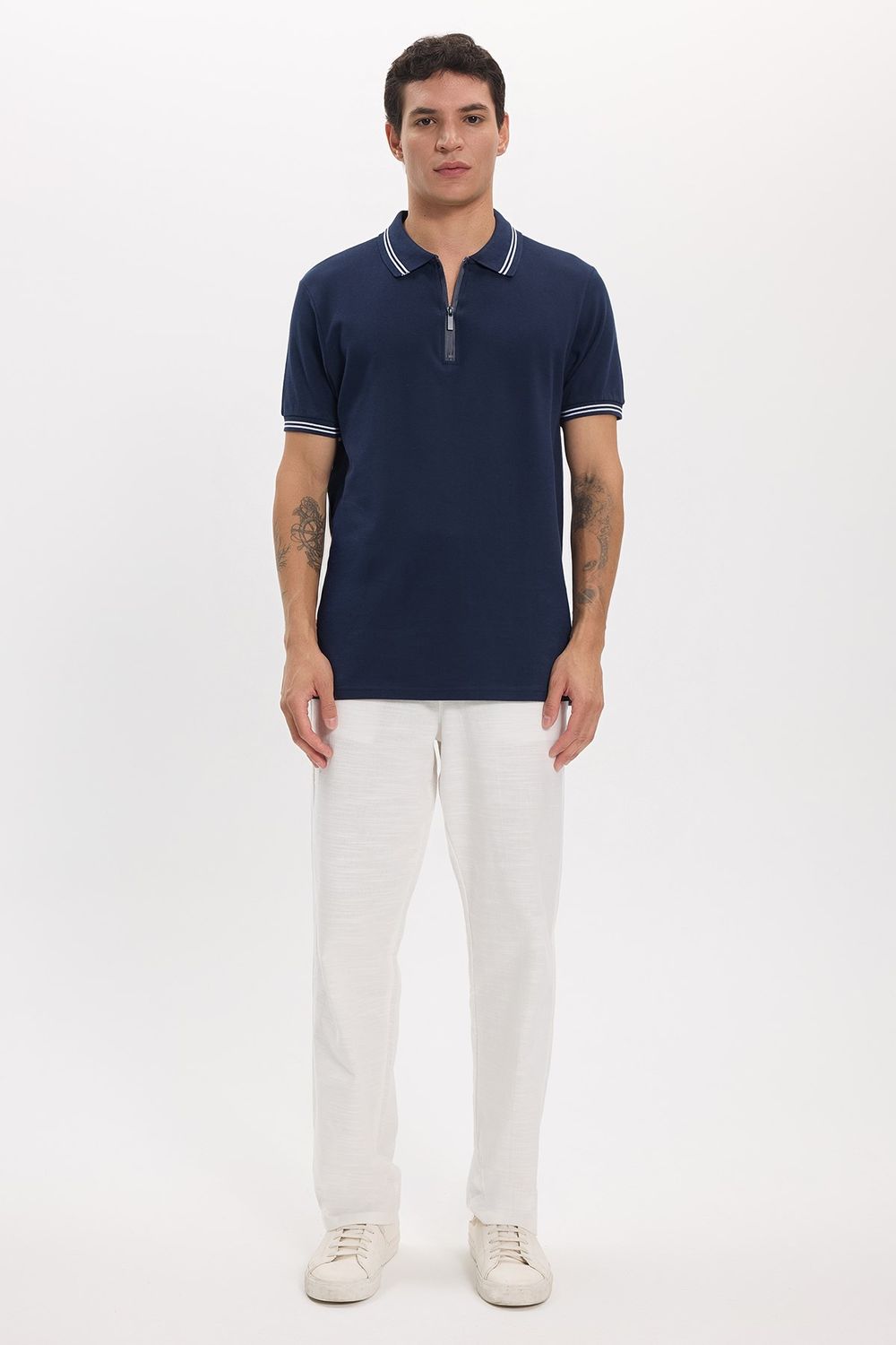 Erkek Slim Fit Dar Kesim %100 Pamuk Kısa Kollu Fermuarlı Lacivert Polo Yaka Tişört