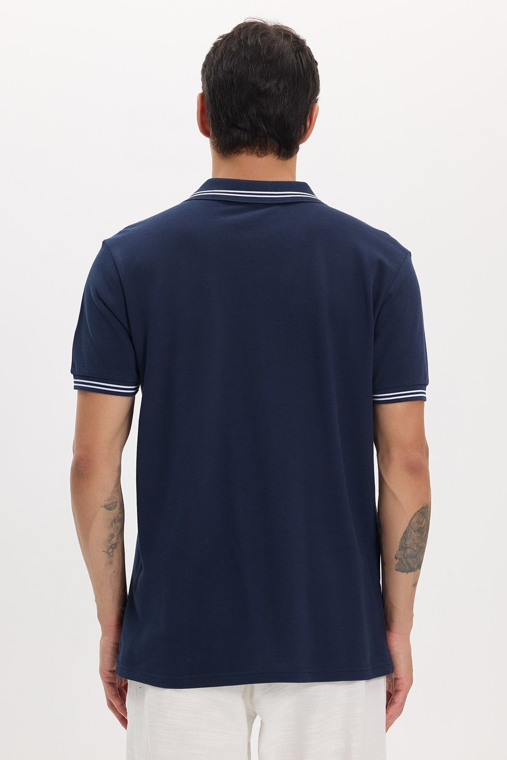 Erkek Slim Fit Dar Kesim %100 Pamuk Kısa Kollu Fermuarlı Lacivert Polo Yaka Tişört