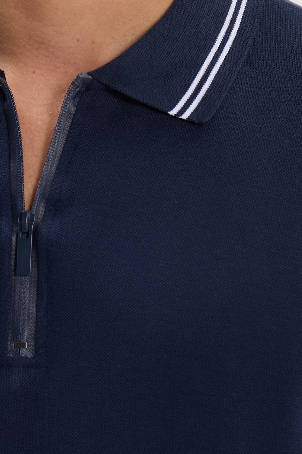 Erkek Slim Fit Dar Kesim %100 Pamuk Kısa Kollu Fermuarlı Lacivert Polo Yaka Tişört