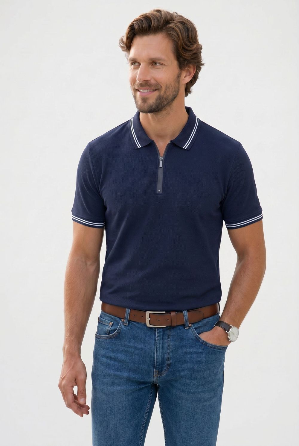 SLIM FIT T-SHIRT PIQUE ZIPPER COLLAR STRONG  TİŞÖRT