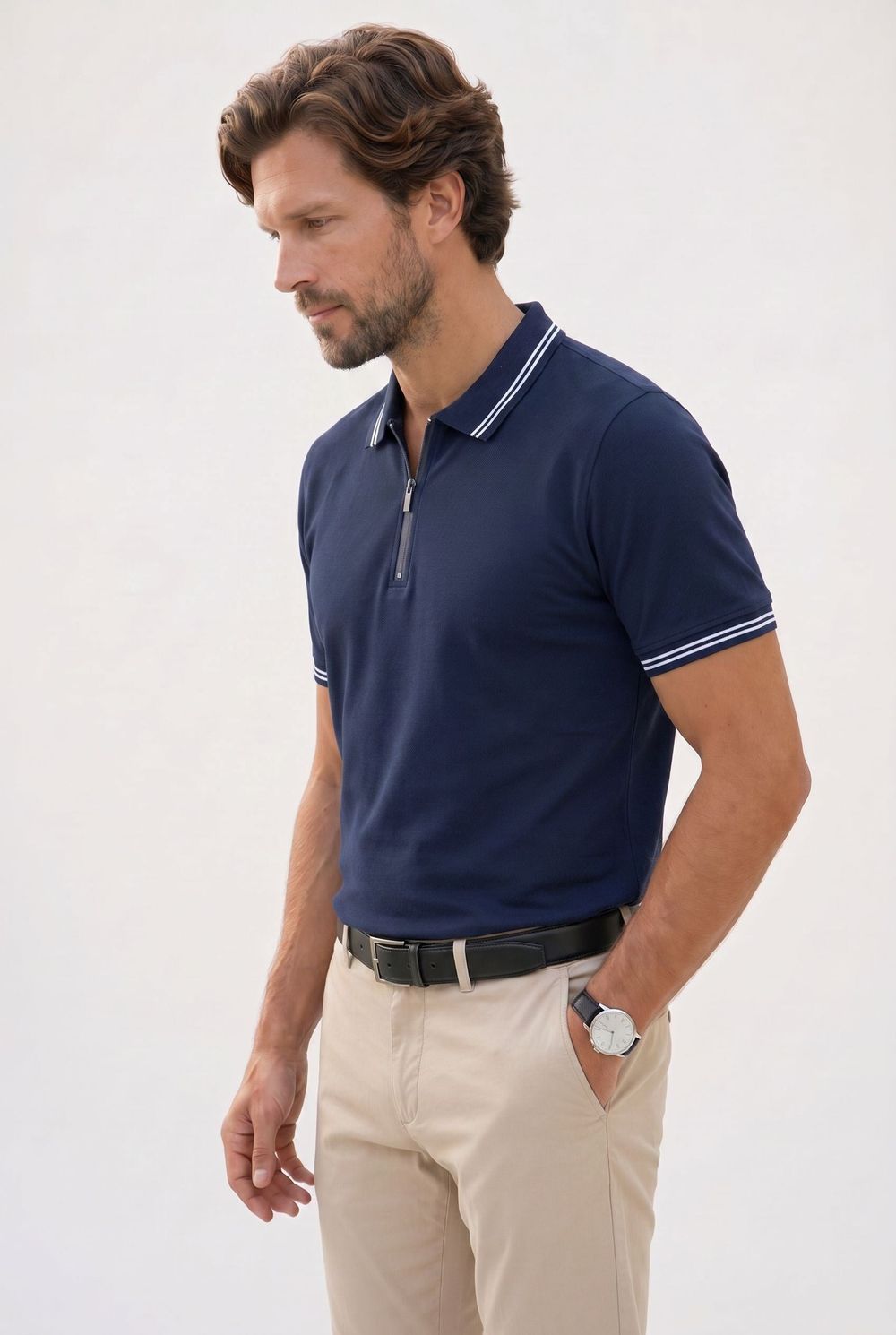 SLIM FIT T-SHIRT PIQUE ZIPPER COLLAR STRONG  TİŞÖRT
