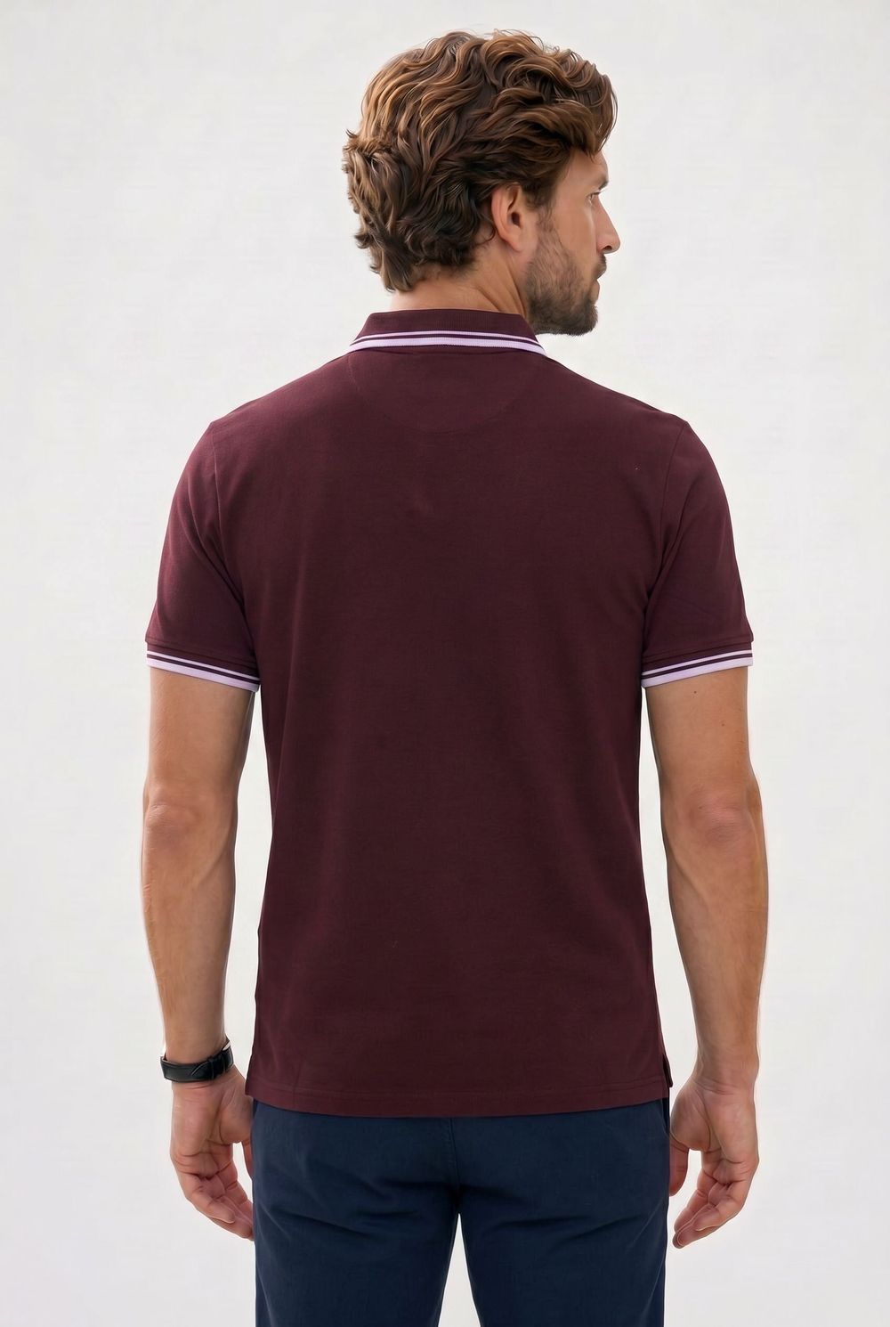 Erkek Slim Fit Dar Kesim %100 Pamuklu Çizgili Detaylı V Yaka Bordo Polo Yaka Tişört