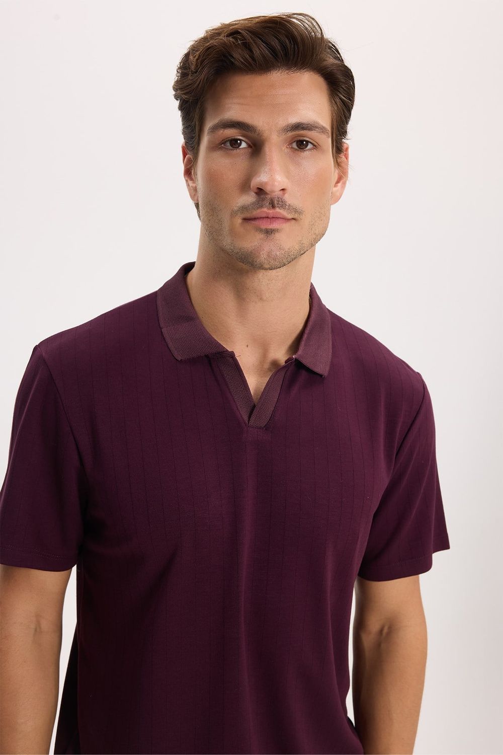 Erkek Slim Fit Dar Kesim Pamuklu Kısa Kollu Çizgili Bordo Polo V Yaka Tişört