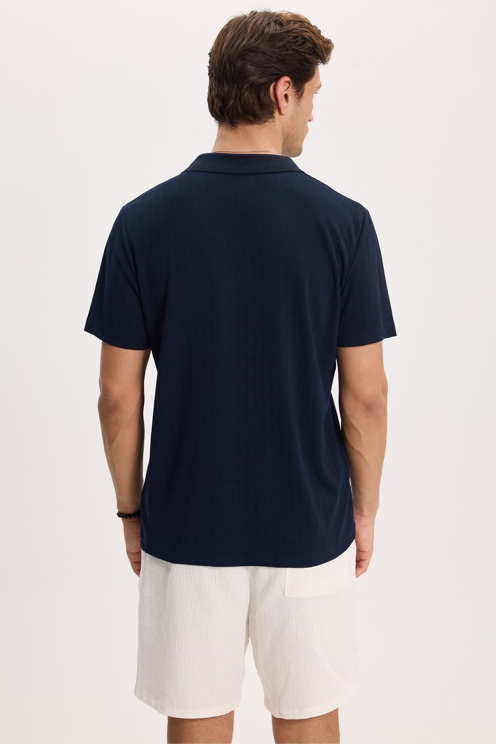 Erkek Slim Fit Dar Kesim Pamuklu Kısa Kollu Çizgili Lacivert Polo V Yaka Tişört