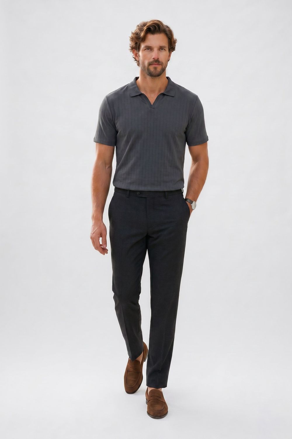 Erkek Slim Fit Dar Kesim Pamuklu Kısa Kollu Çizgili Antrasit Polo V Yaka Tişört