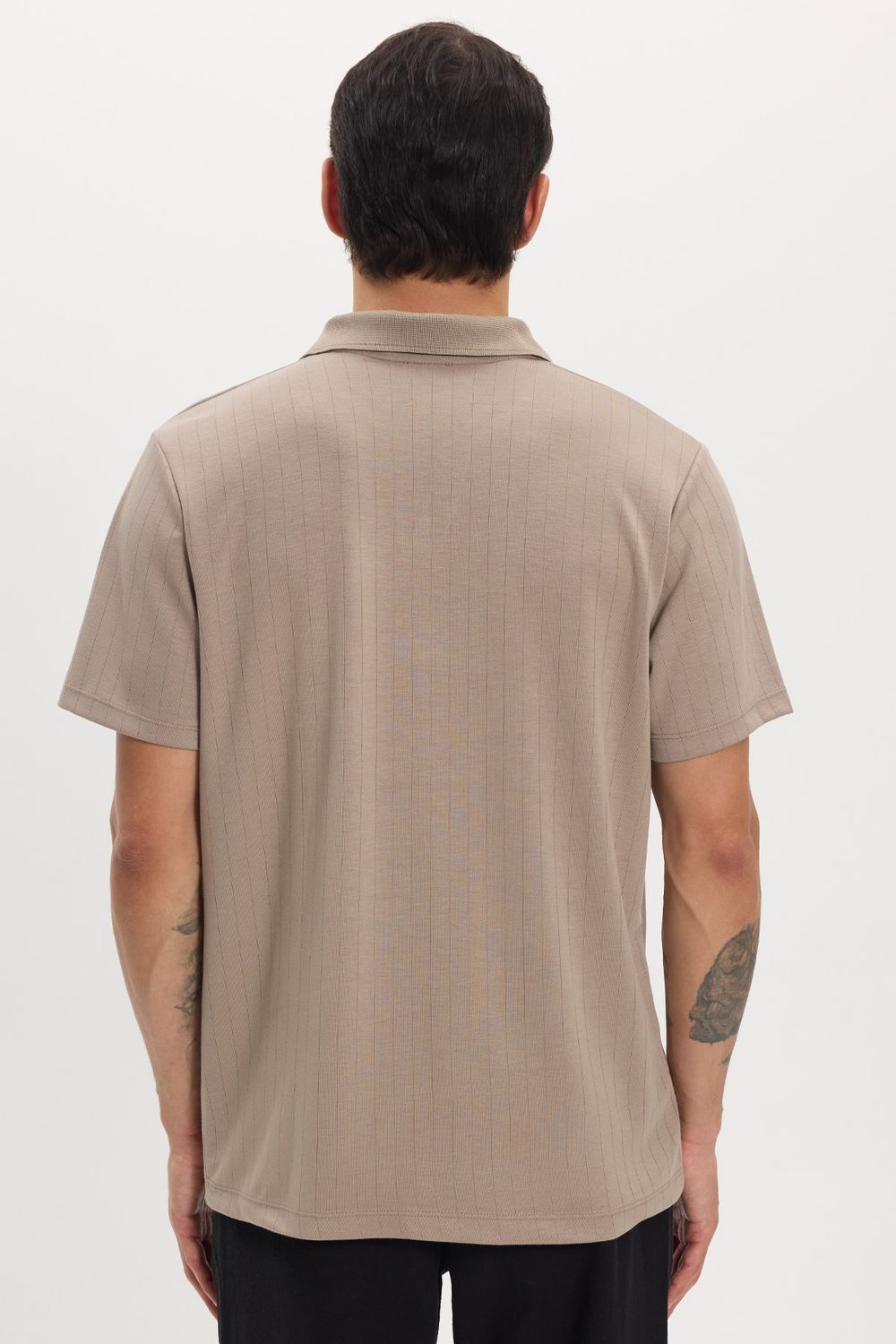 Erkek Slim Fit Dar Kesim Pamuklu Kısa Kollu Çizgili Vizon Polo V Yaka Tişört