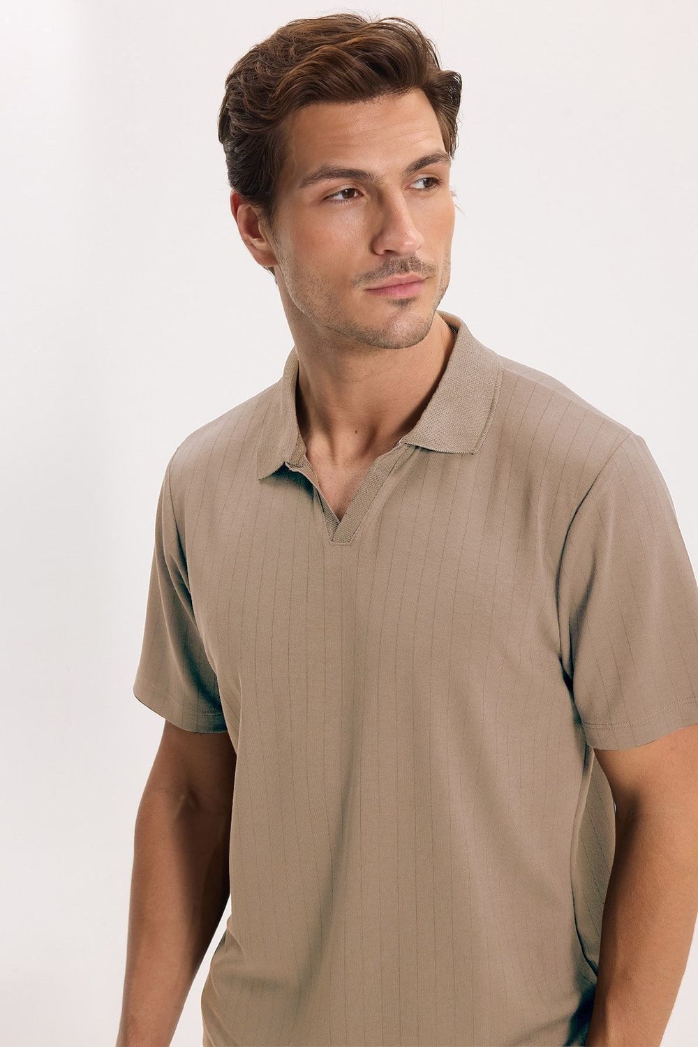 Erkek Slim Fit Dar Kesim Pamuklu Kısa Kollu Çizgili Vizon Polo V Yaka Tişört