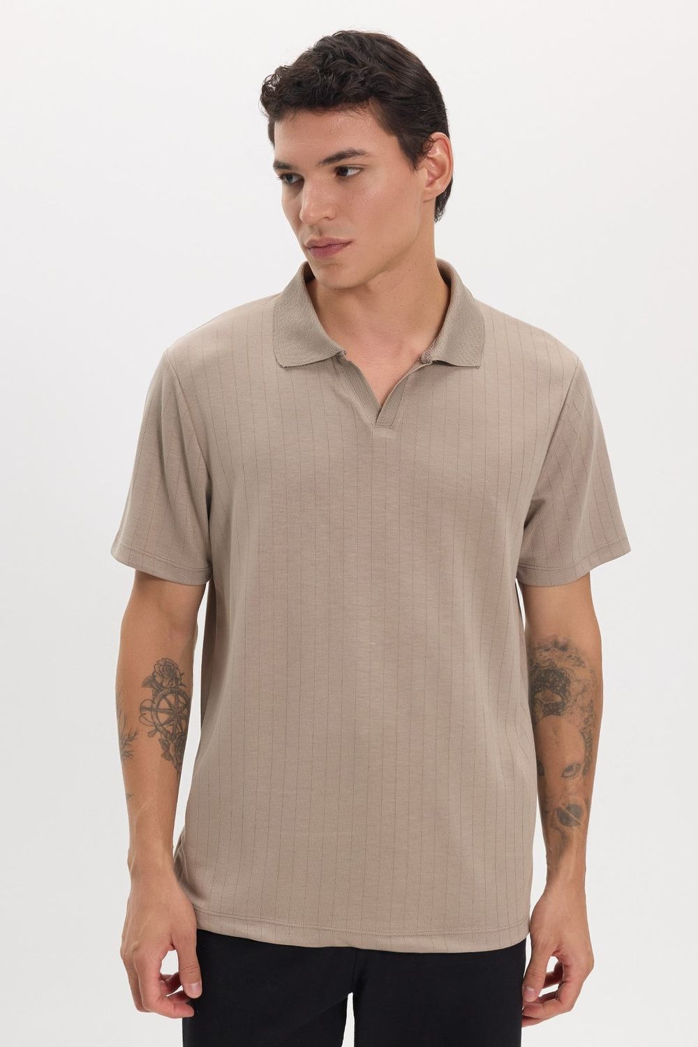 Erkek Slim Fit Dar Kesim Pamuklu Kısa Kollu Çizgili Vizon Polo V Yaka Tişört