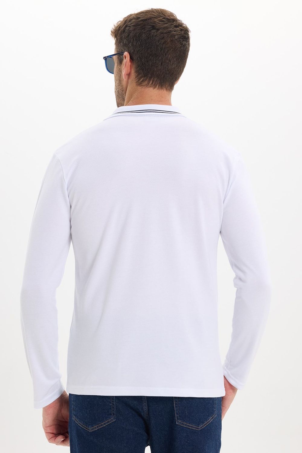 Erkek Slim Fit Dar Kesim %100 Pamuk Uzun Kollu Beyaz Polo Yaka Tişört