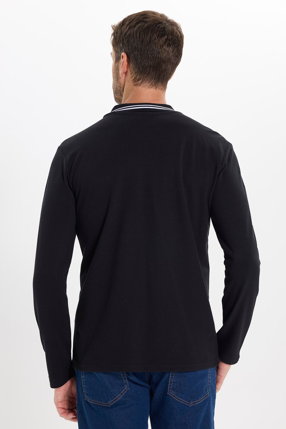 Erkek Slim Fit Dar Kesim %100 Pamuk Uzun Kollu Siyah Polo Yaka Tişört