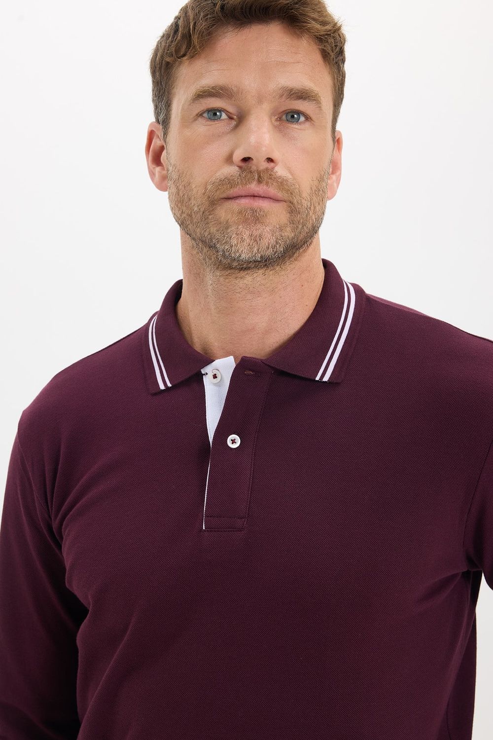 Erkek Slim Fit Dar Kesim %100 Pamuk Uzun Kollu Bordo Polo Yaka Tişört