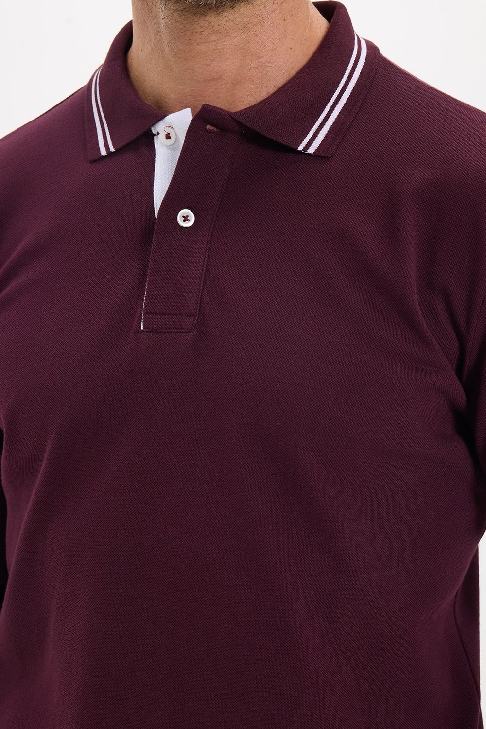 Erkek Slim Fit Dar Kesim %100 Pamuk Uzun Kollu Bordo Polo Yaka Tişört