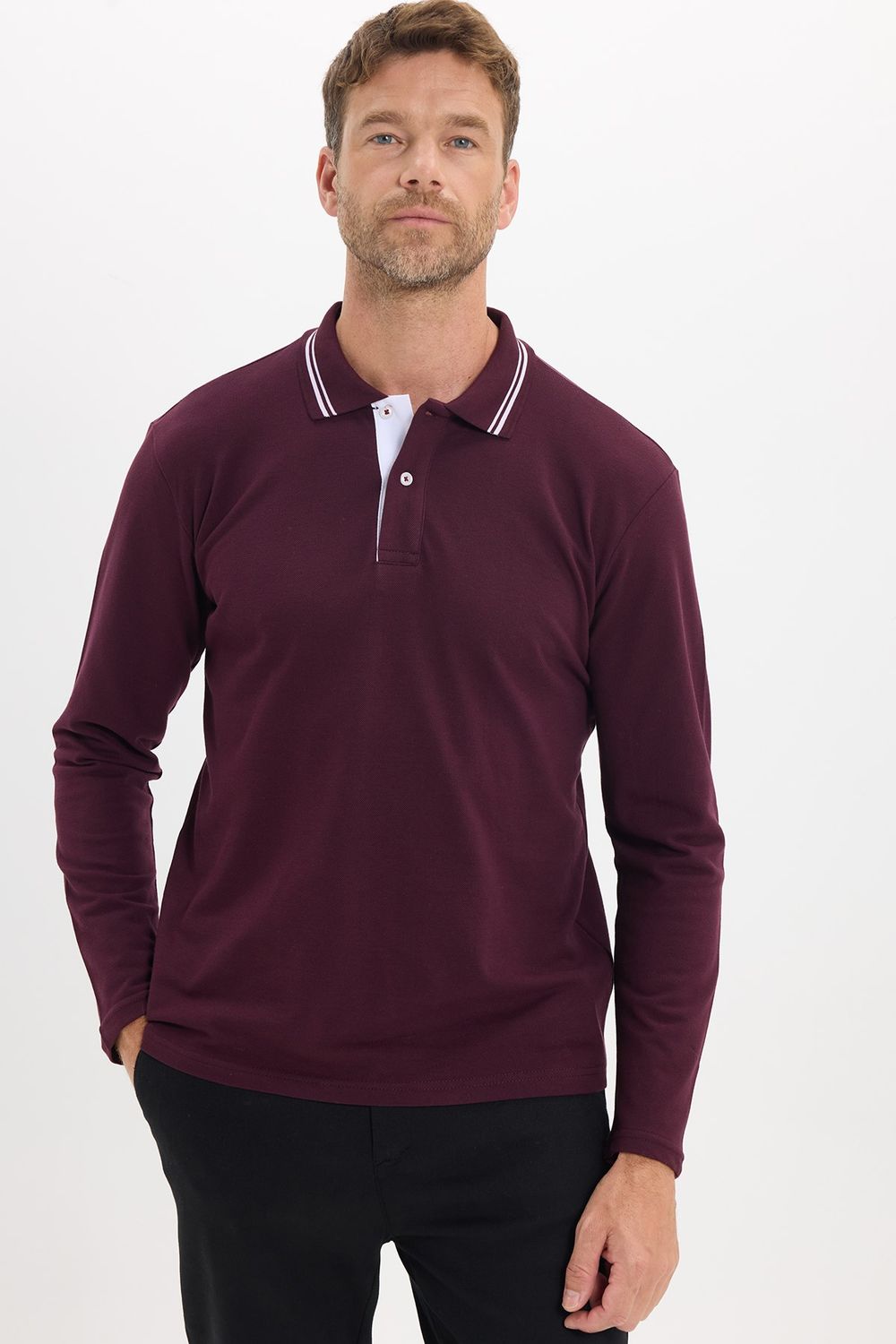 Erkek Slim Fit Dar Kesim %100 Pamuk Uzun Kollu Bordo Polo Yaka Tişört