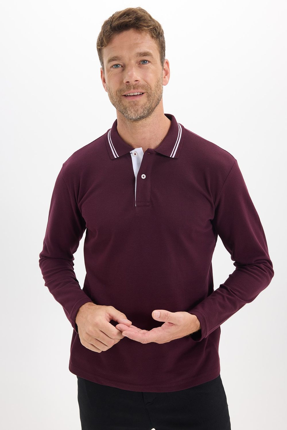 Erkek Slim Fit Dar Kesim %100 Pamuk Uzun Kollu Bordo Polo Yaka Tişört