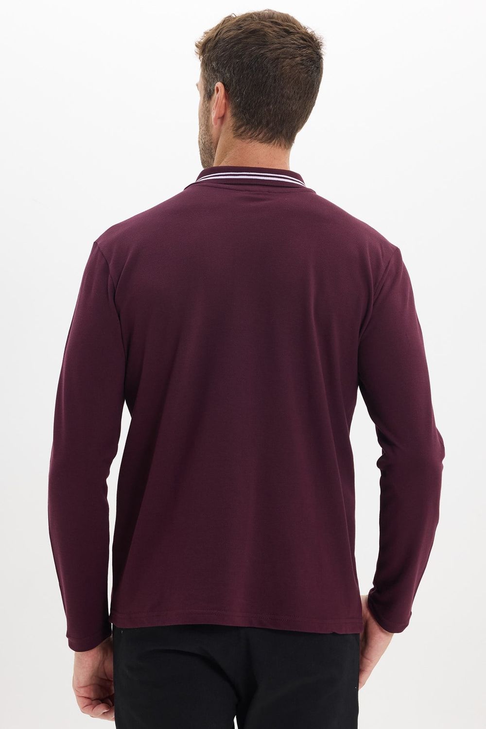 Erkek Slim Fit Dar Kesim %100 Pamuk Uzun Kollu Bordo Polo Yaka Tişört