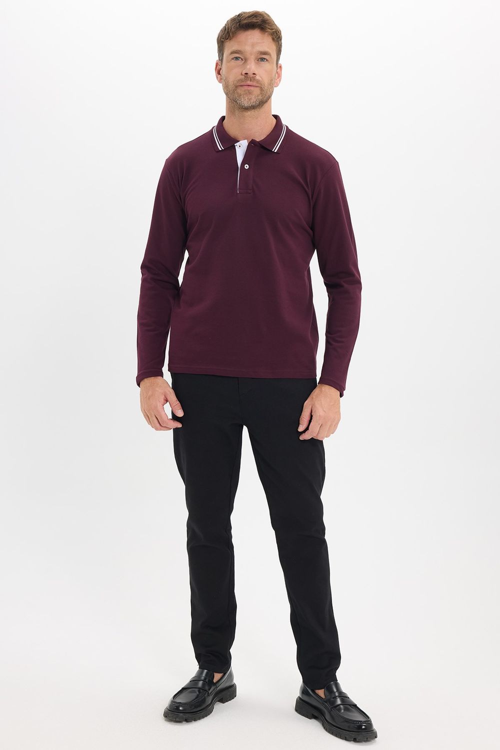 Erkek Slim Fit Dar Kesim %100 Pamuk Uzun Kollu Bordo Polo Yaka Tişört