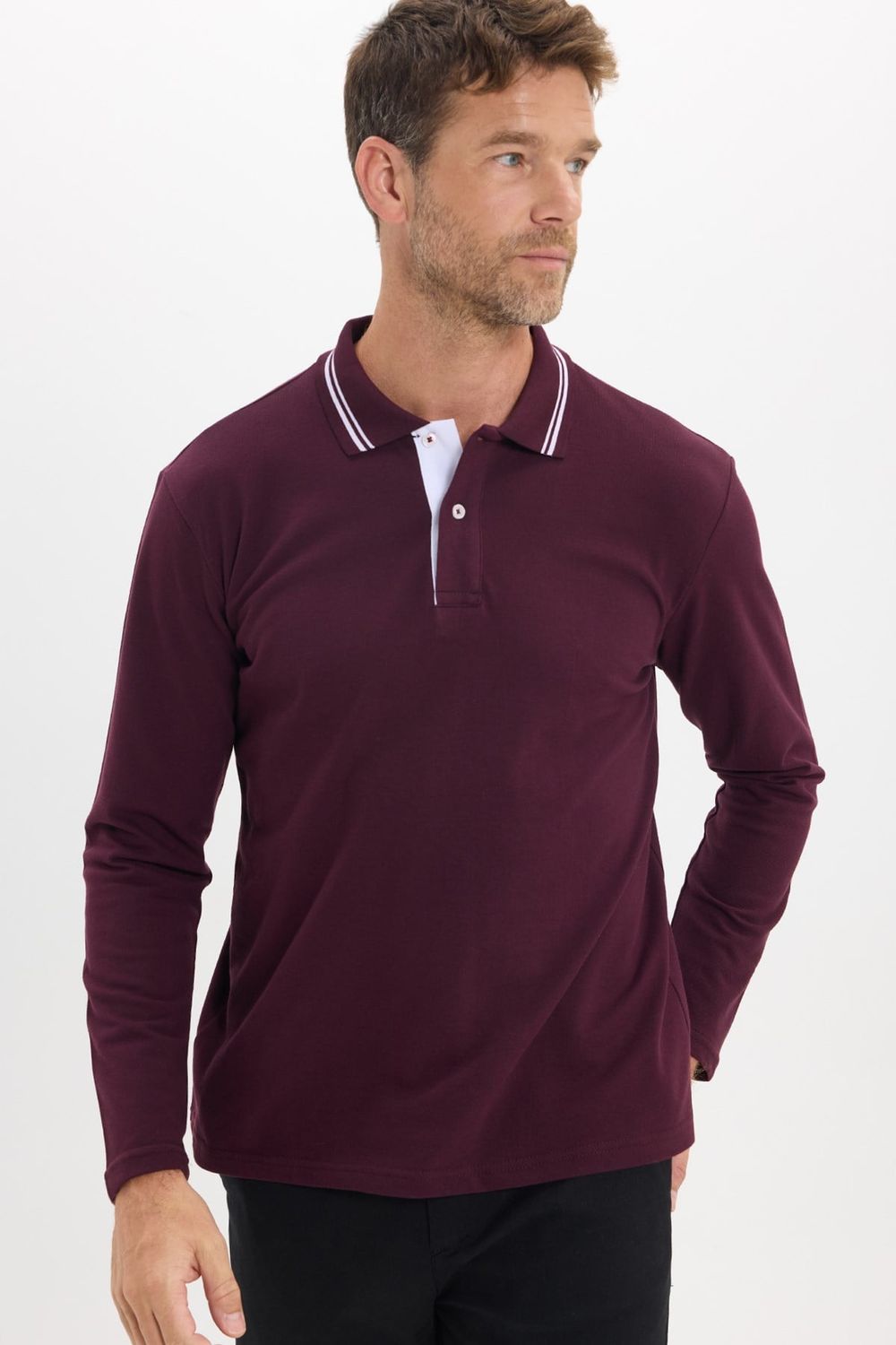 Erkek Slim Fit Dar Kesim %100 Pamuk Uzun Kollu Bordo Polo Yaka Tişört