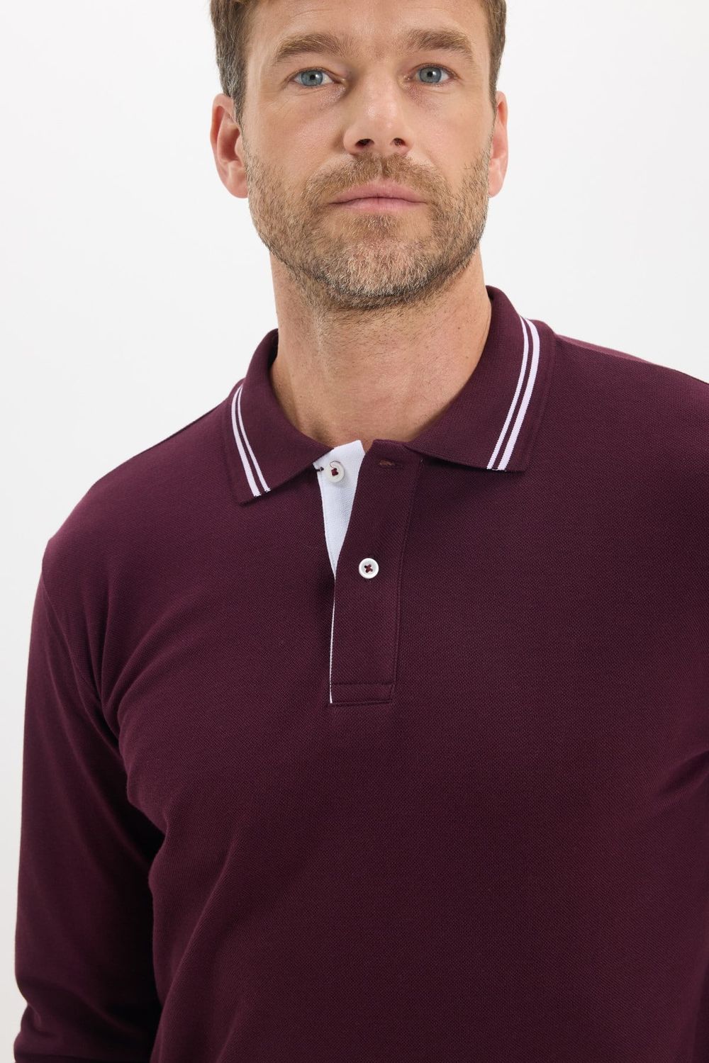 Erkek Slim Fit Dar Kesim %100 Pamuk Uzun Kollu Bordo Polo Yaka Tişört