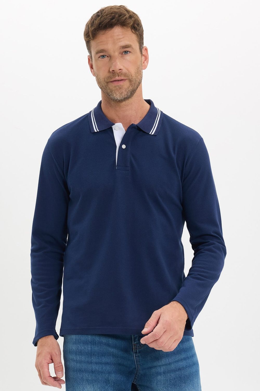 Erkek Slim Fit Dar Kesim %100 Pamuk Uzun Kollu Lacivert Polo Yaka Tişört