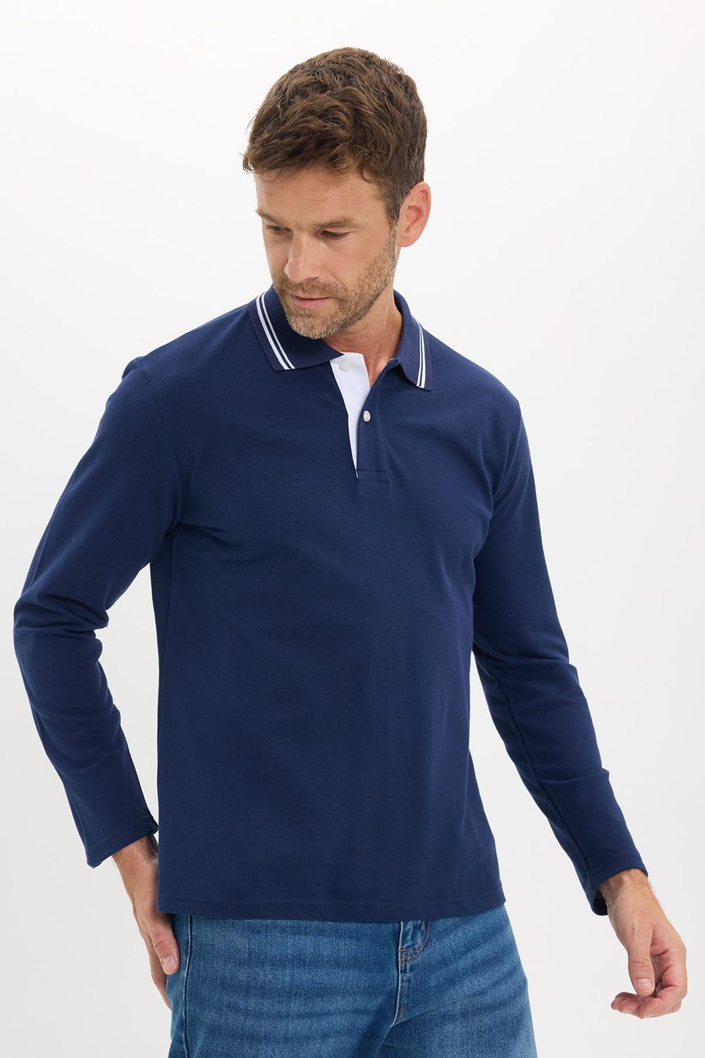 Erkek Slim Fit Dar Kesim %100 Pamuk Uzun Kollu Lacivert Polo Yaka Tişört