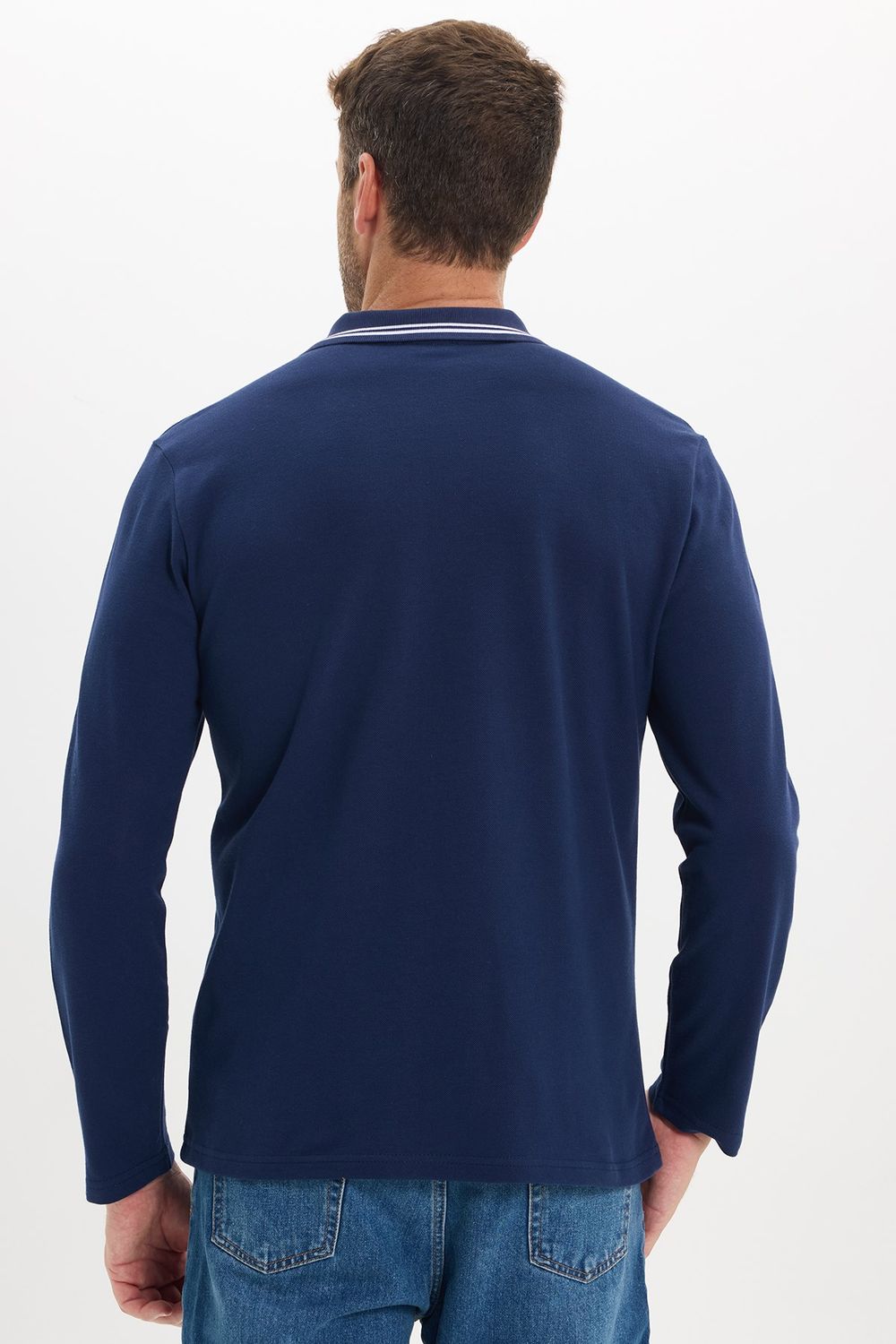 Erkek Slim Fit Dar Kesim %100 Pamuk Uzun Kollu Lacivert Polo Yaka Tişört