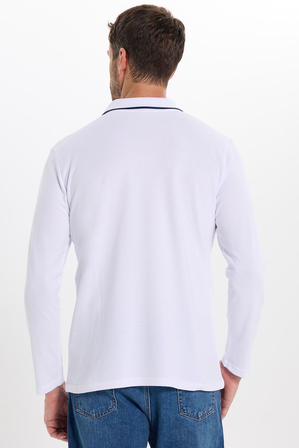 Erkek Slim Fit Dar Kesim %100 Pamuk Uzun Kollu Fermuarlı Beyaz Polo Yaka Tişört