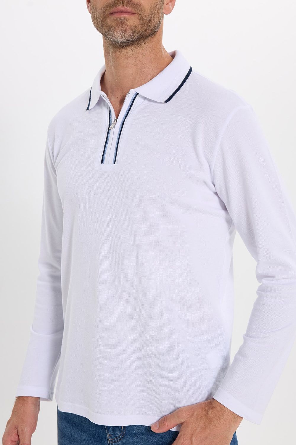 Erkek Slim Fit Dar Kesim %100 Pamuk Uzun Kollu Fermuarlı Beyaz Polo Yaka Tişört