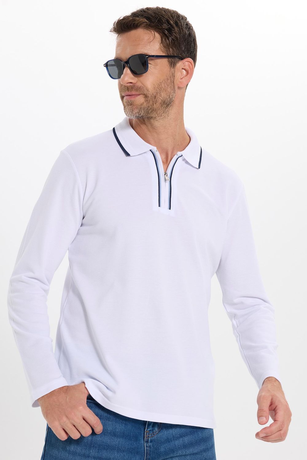 Erkek Slim Fit Dar Kesim %100 Pamuk Uzun Kollu Fermuarlı Beyaz Polo Yaka Tişört