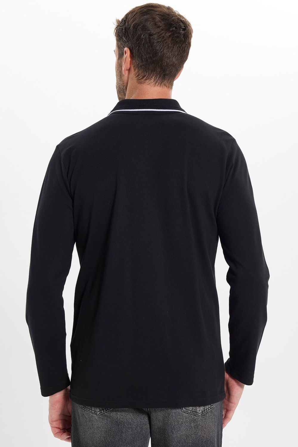 Erkek Slim Fit Dar Kesim %100 Pamuk Uzun Kollu Fermuarlı Siyah Polo Yaka Tişört