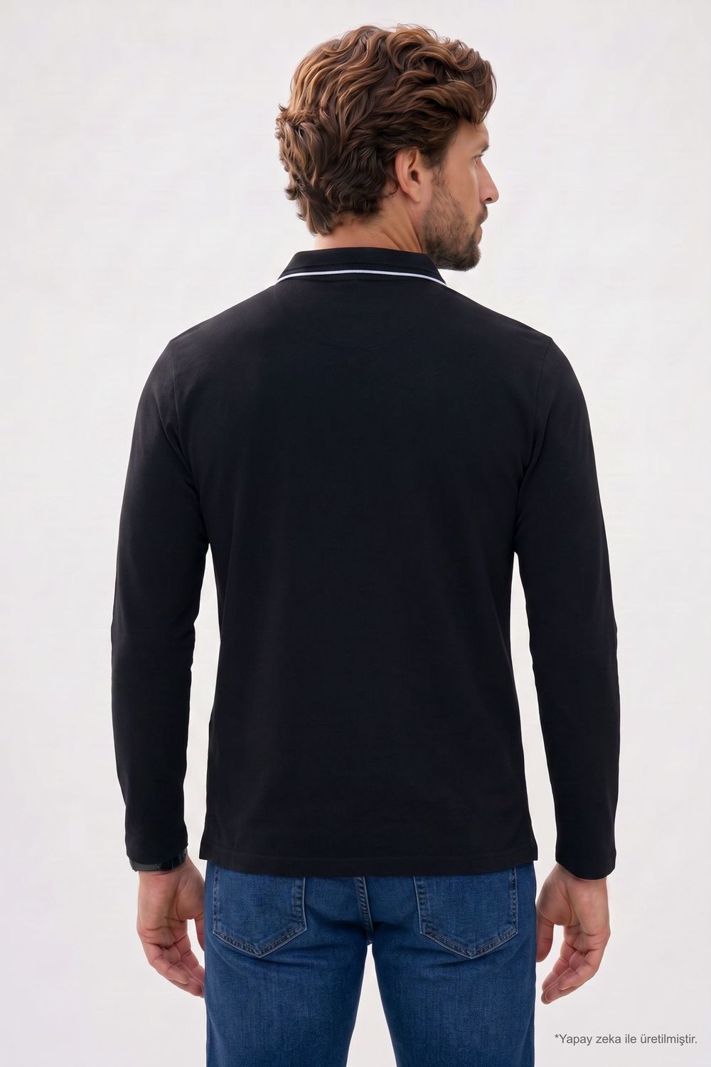 Erkek Slim Fit Dar Kesim %100 Pamuk Uzun Kollu Fermuarlı Siyah Polo Yaka Tişört