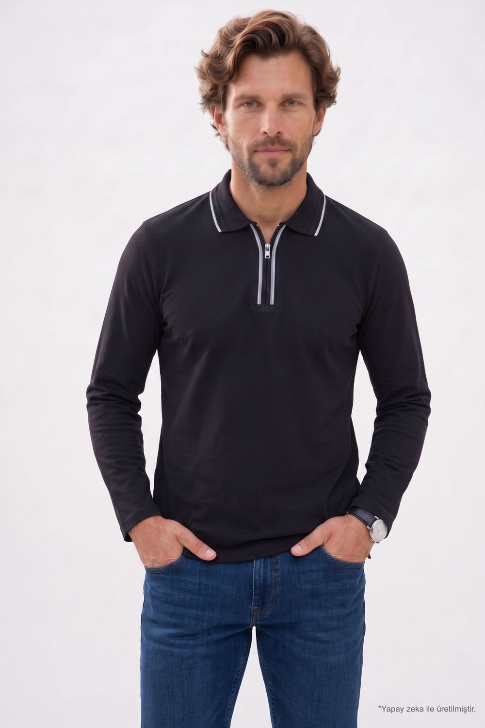 Erkek Slim Fit Dar Kesim %100 Pamuk Uzun Kollu Fermuarlı Siyah Polo Yaka Tişört