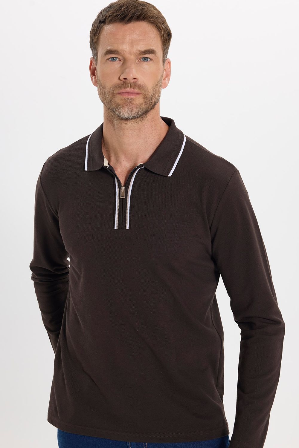 Erkek Slim Fit Dar Kesim %100 Pamuk Uzun Kollu Fermuarlı Kahverengi Polo Yaka Tişört