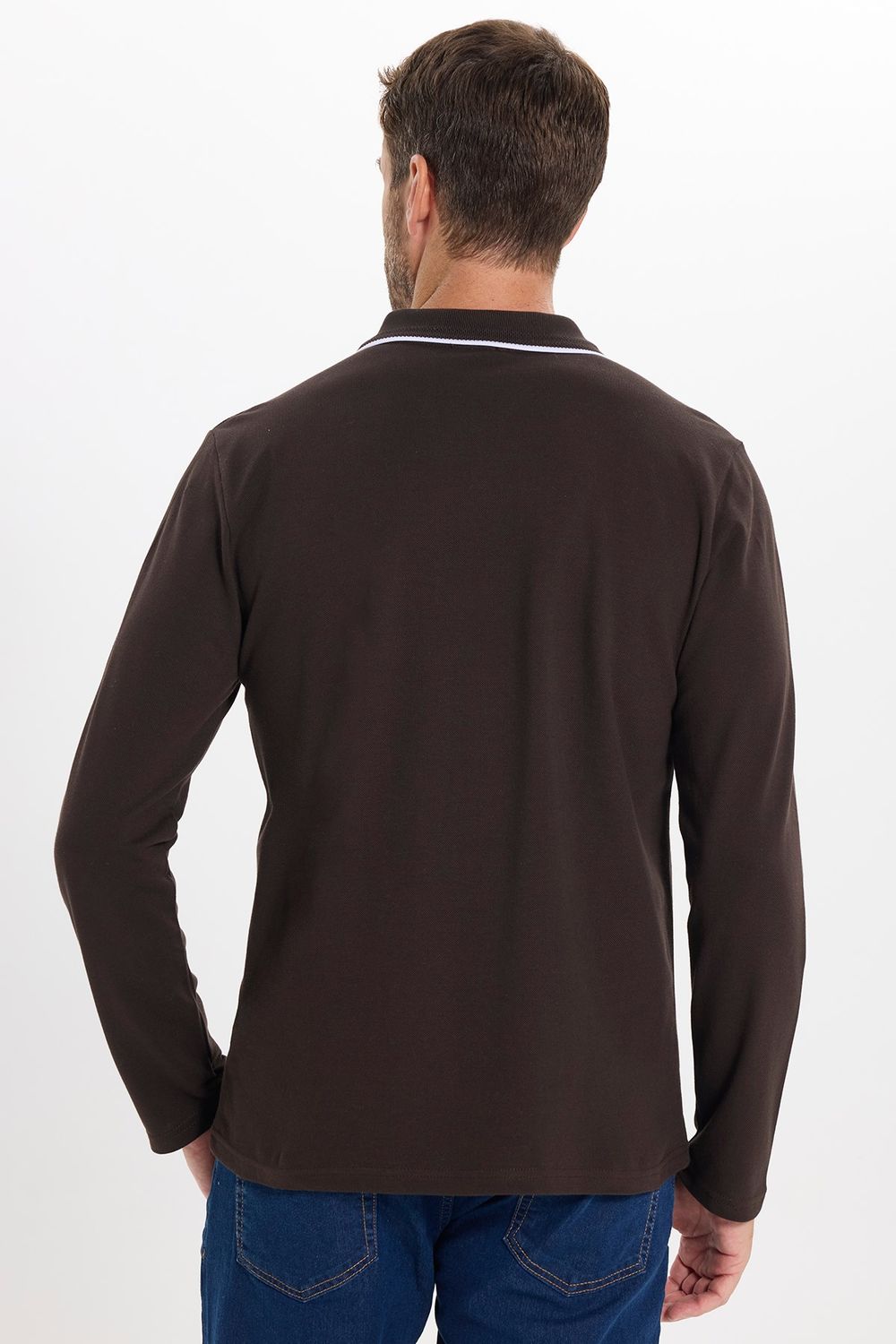 Erkek Slim Fit Dar Kesim %100 Pamuk Uzun Kollu Fermuarlı Kahverengi Polo Yaka Tişört