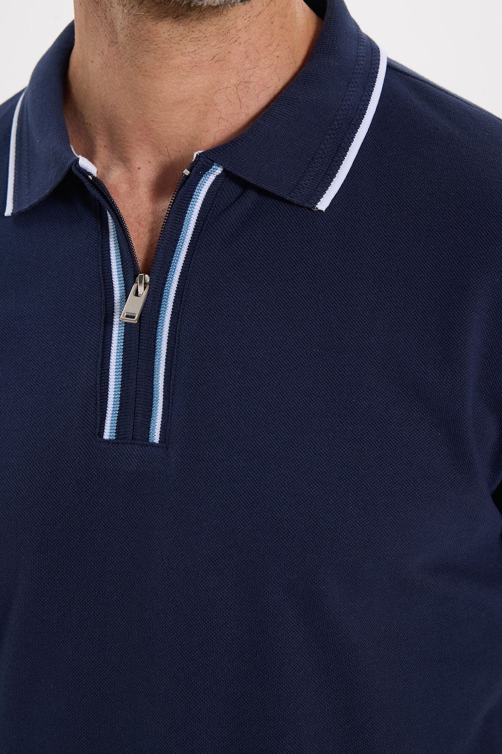 Erkek Slim Fit Dar Kesim %100 Pamuk Uzun Kollu Fermuarlı Lacivert Polo Yaka Tişört