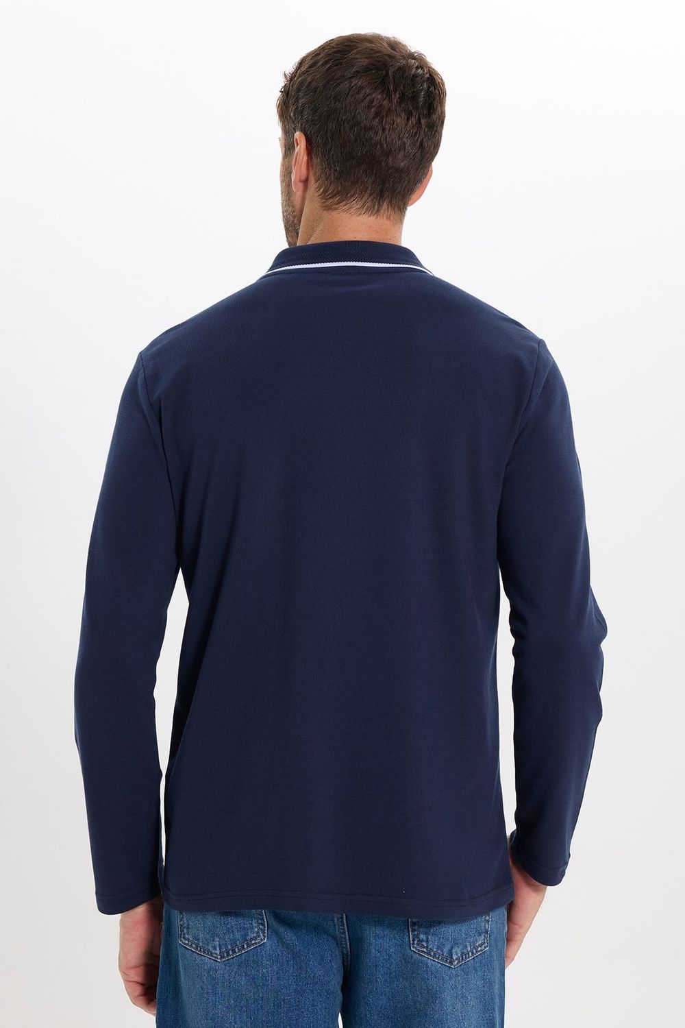 Erkek Slim Fit Dar Kesim %100 Pamuk Uzun Kollu Fermuarlı Lacivert Polo Yaka Tişört