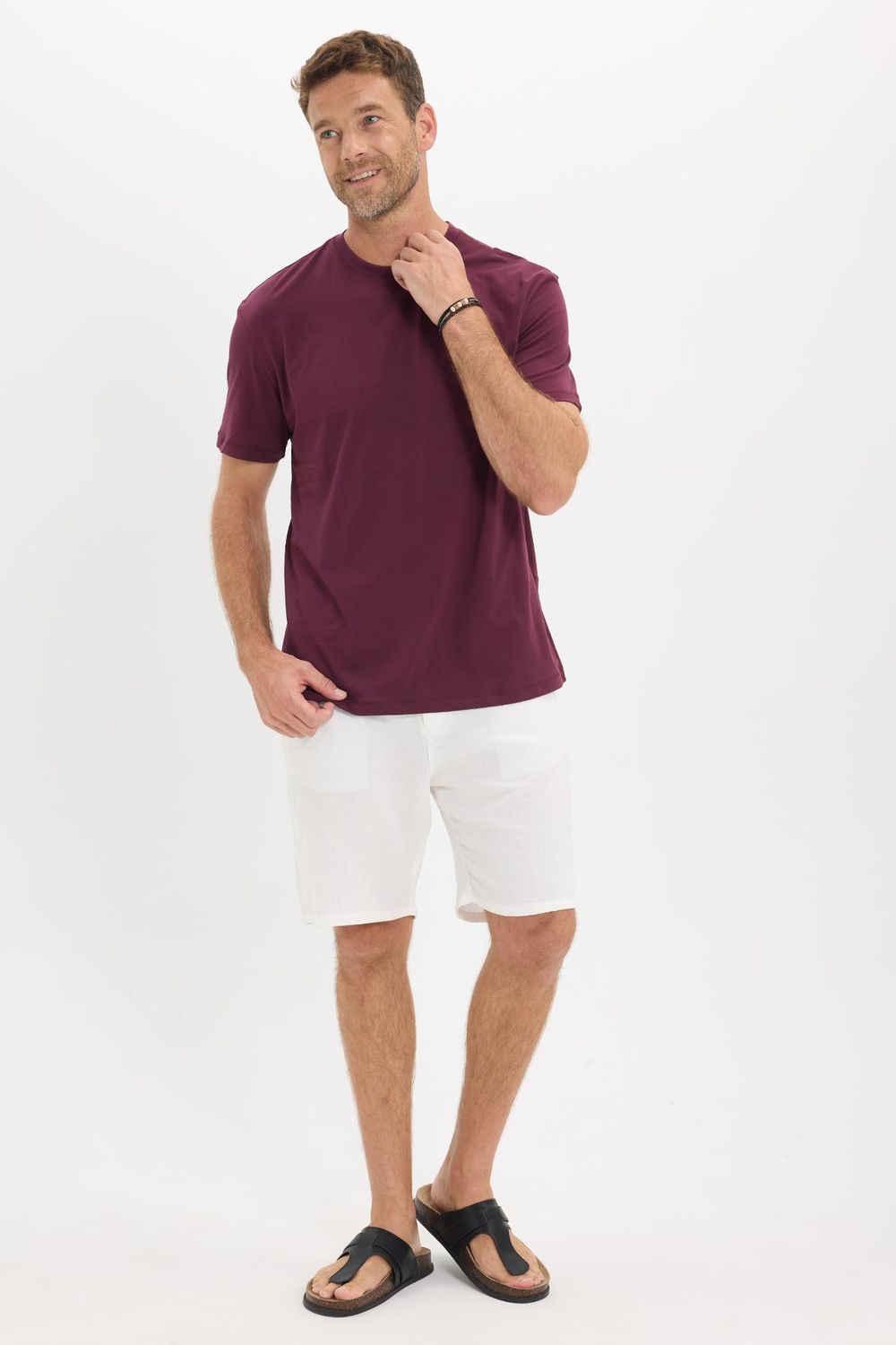Erkek Loose Fit Rahat Kesim %100 Pamuk Yumuşak Dokulu Kısa Kollu Bordo Bisiklet Yaka Tişört