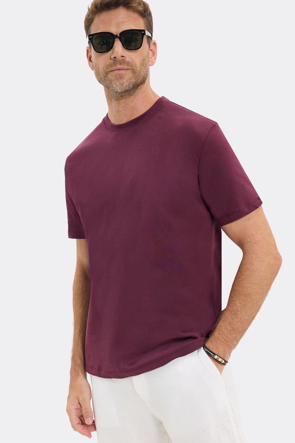 Erkek Loose Fit Rahat Kesim %100 Pamuk Yumuşak Dokulu Kısa Kollu Bordo Bisiklet Yaka Tişört