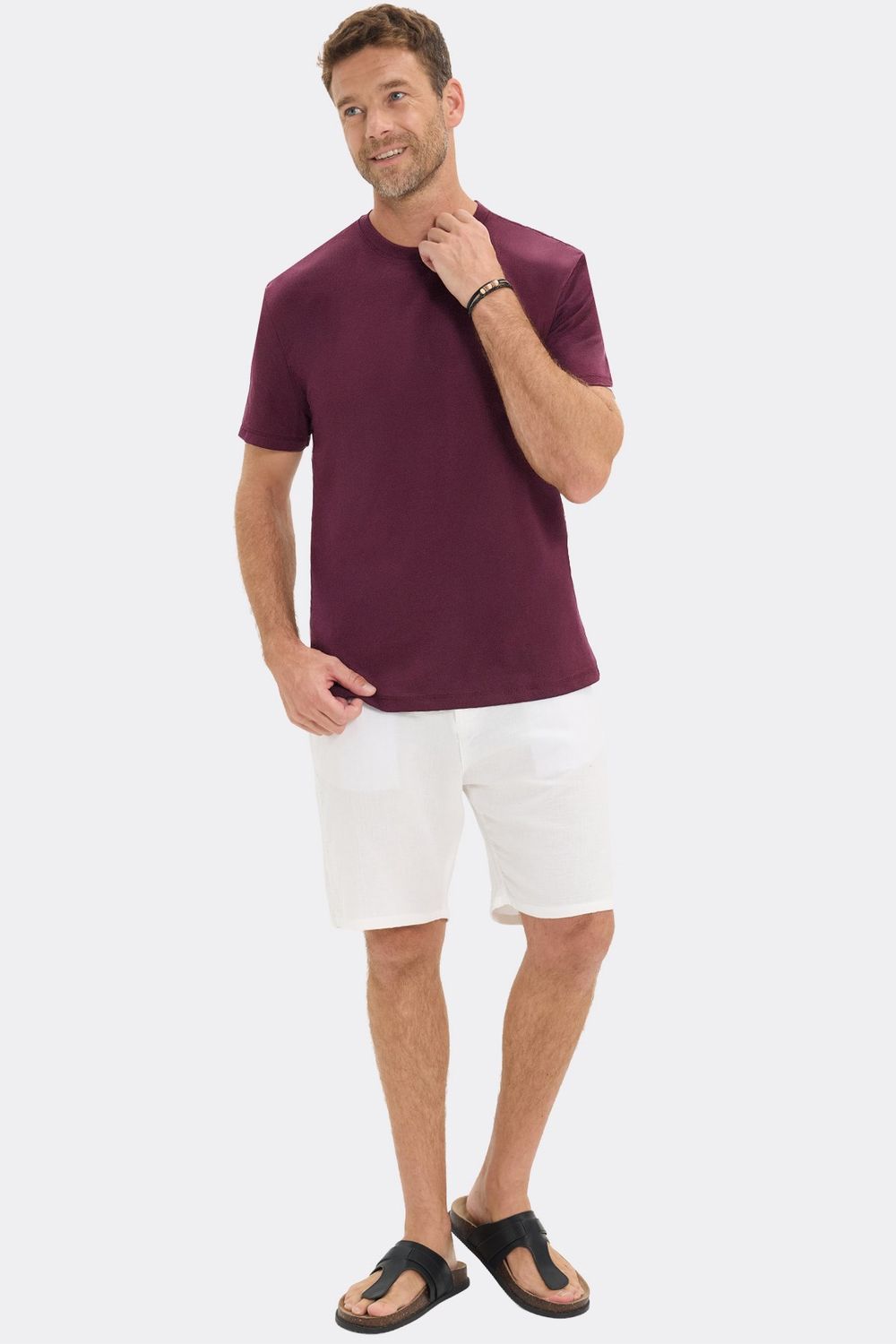 Erkek Loose Fit Rahat Kesim %100 Pamuk Yumuşak Dokulu Kısa Kollu Bordo Bisiklet Yaka Tişört