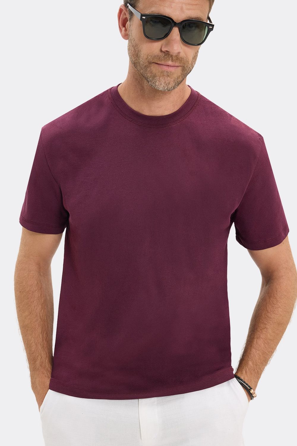 Erkek Loose Fit Rahat Kesim %100 Pamuk Yumuşak Dokulu Kısa Kollu Bordo Bisiklet Yaka Tişört