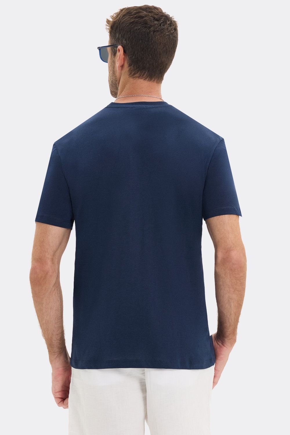 Erkek Loose Fit Rahat Kesim %100 Pamuk Yumuşak Dokulu Kısa Kollu Lacivert Bisiklet Yaka Tişört