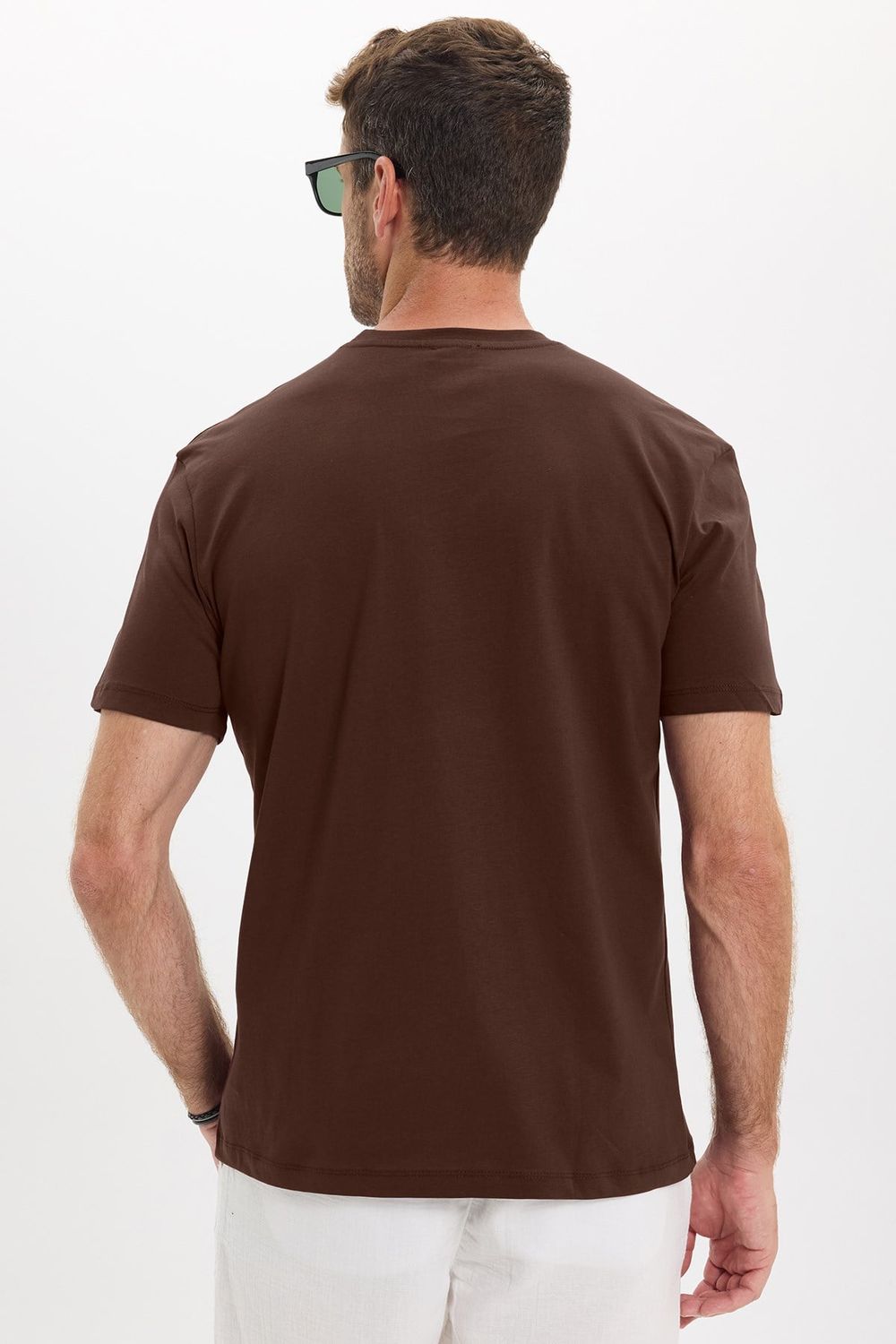 Erkek Loose Fit Rahat Kesim %100 Pamuk Kısa Kollu Kahverengi Bisiklet Yaka Tişört