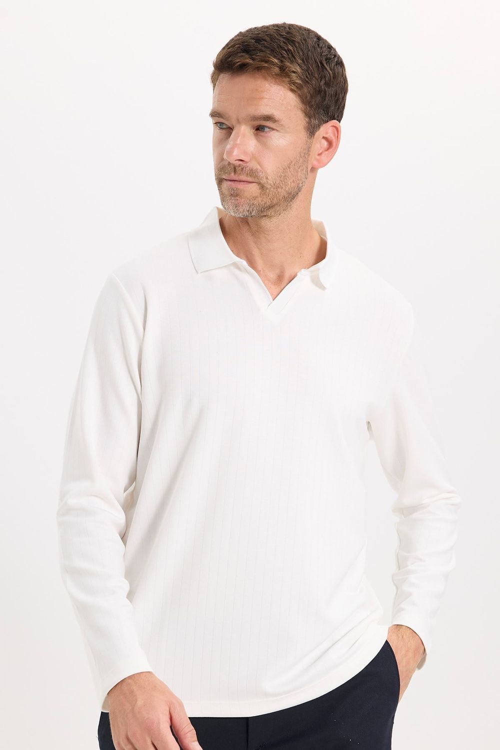 Erkek Slim Fit Dar Kesim Pamuklu Ekstra Soft Modal Kumaş Çizgili Beyaz Polo Yaka Sweatshirt