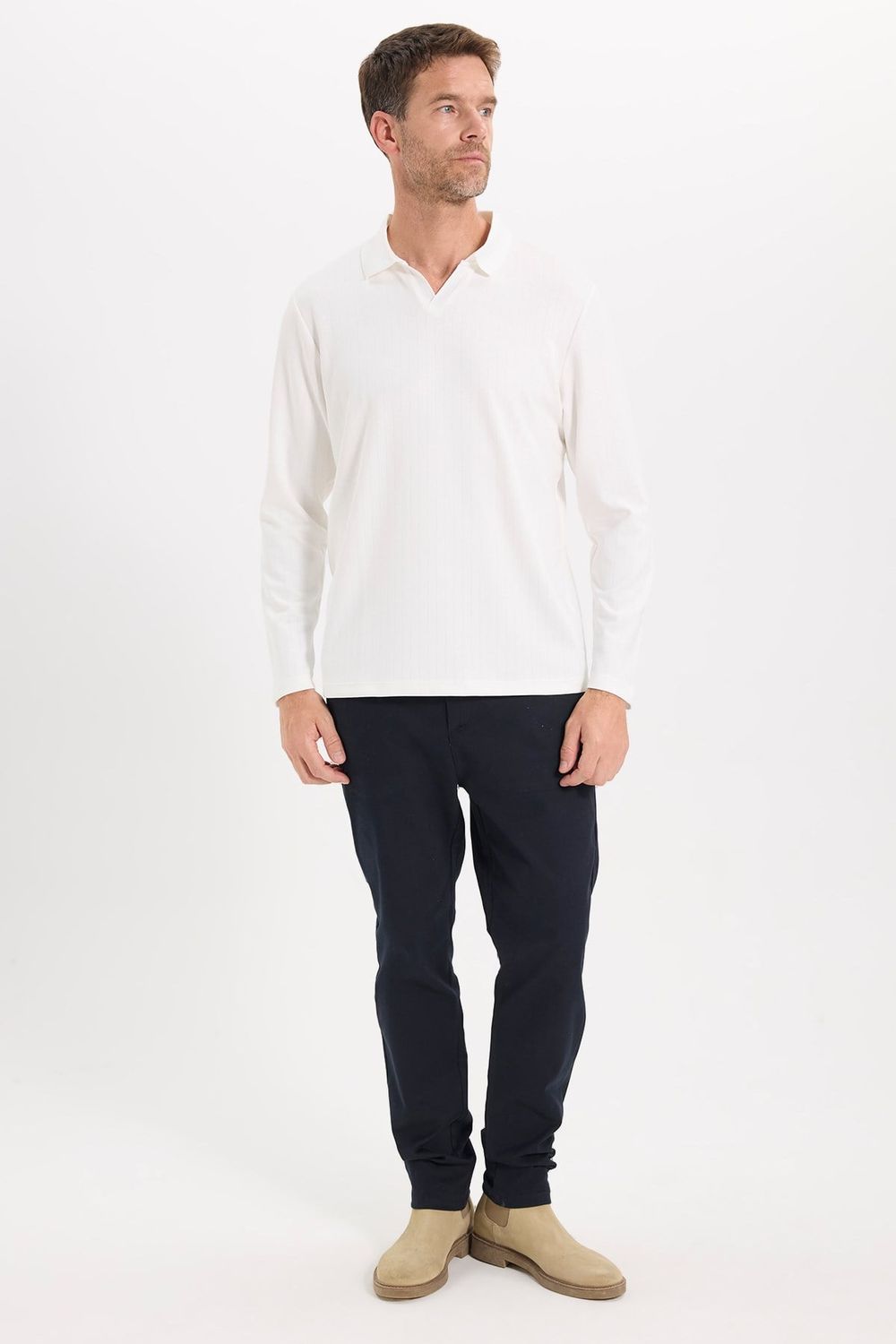 Erkek Slim Fit Dar Kesim Pamuklu Ekstra Soft Modal Kumaş Çizgili Beyaz Polo Yaka Sweatshirt