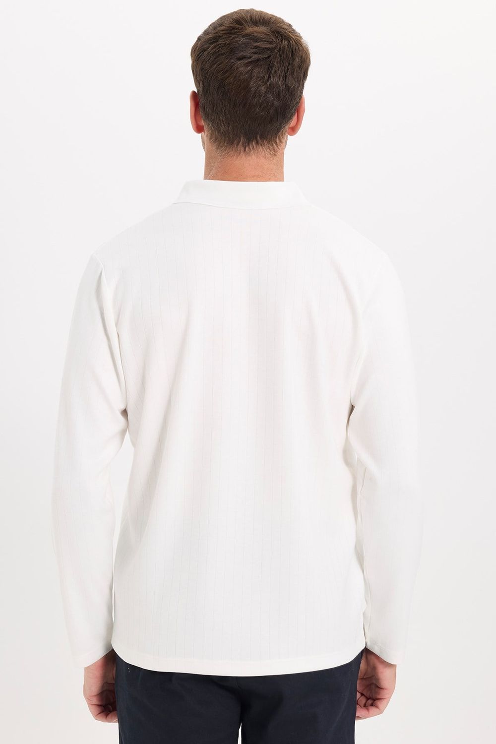 Erkek Slim Fit Dar Kesim Pamuklu Ekstra Soft Modal Kumaş Çizgili Beyaz Polo Yaka Sweatshirt