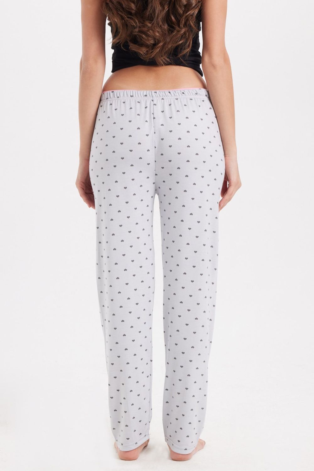 Kadın Regular Fit Klasik Kesim Viskon Beli Lastikli Fiyonk Detaylı Baskılı Gri Pijama Altı