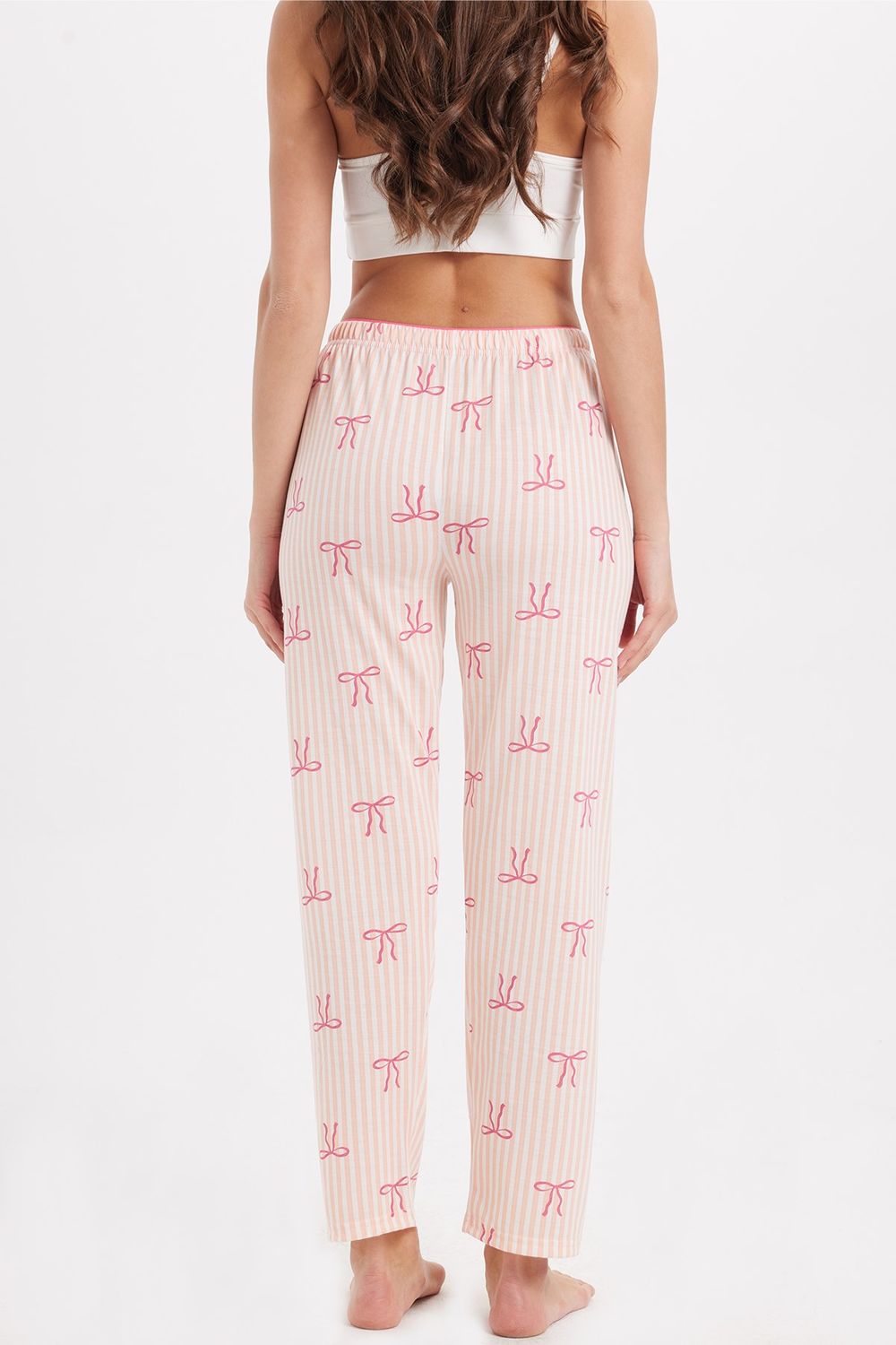 Kadın Regular Fit Klasik Kesim Viskon Beli Lastikli Fiyonk Detaylı Baskılı Turuncu Pijama Altı