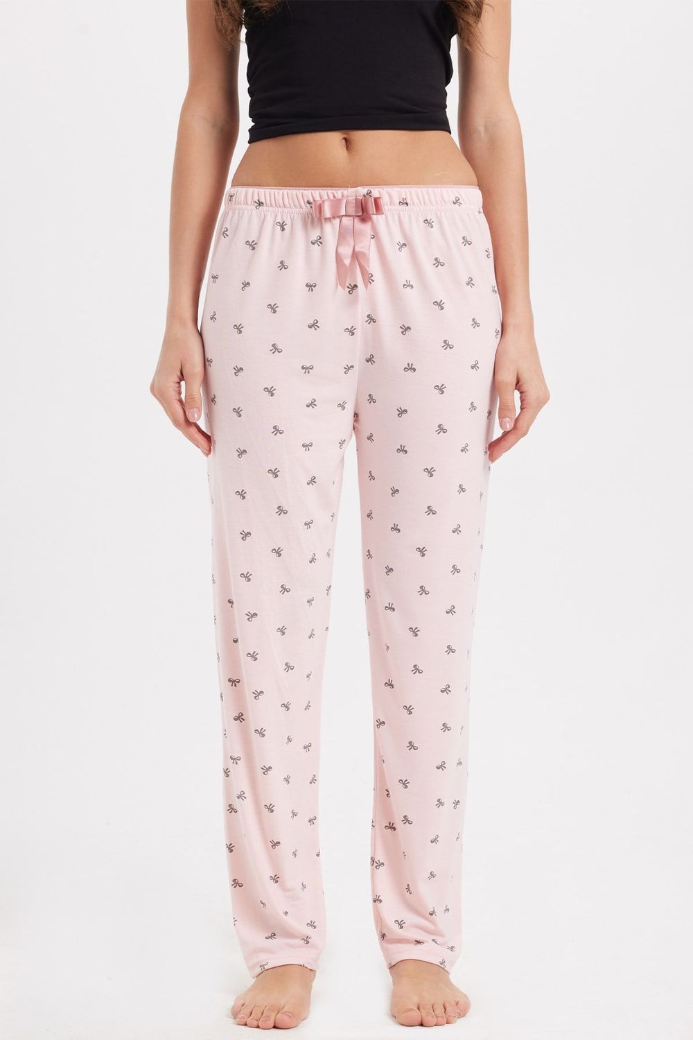 Kadın Regular Fit Klasik Kesim Viskon Beli Lastikli Fiyonk Detaylı Baskılı Pembe Pijama Altı