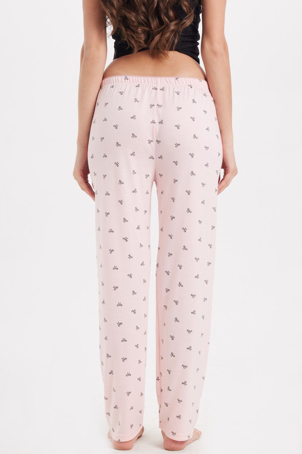 Kadın Regular Fit Klasik Kesim Viskon Beli Lastikli Fiyonk Detaylı Baskılı Pembe Pijama Altı
