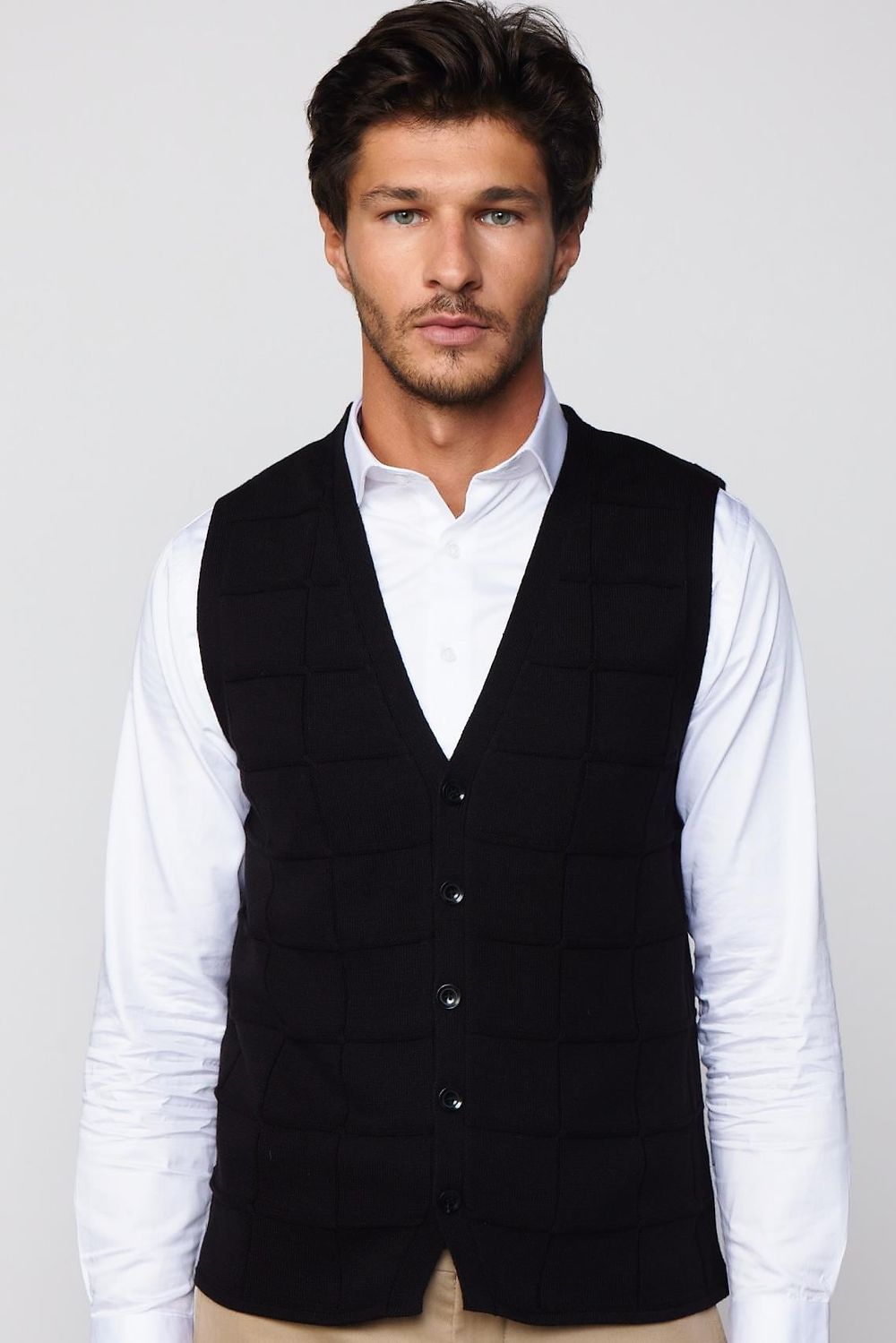 Slim Fit Kare Desenli Siyah Erkek Yelek